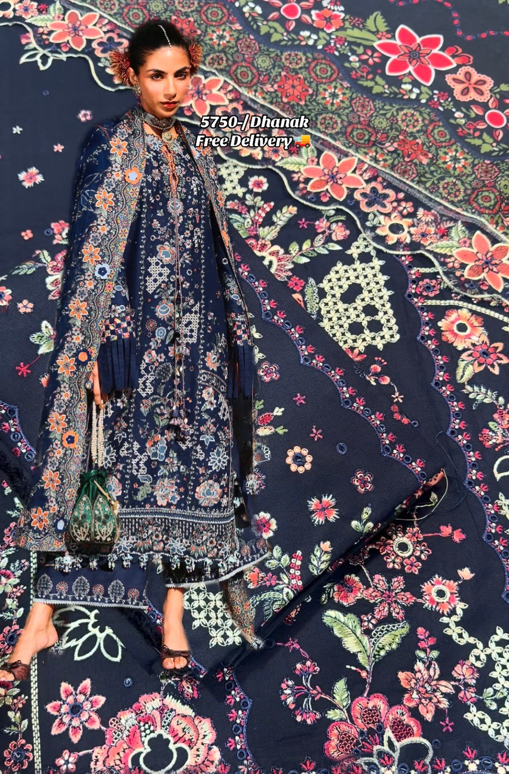 3psc Dhanak Hussain Rehar Blue Embroidered