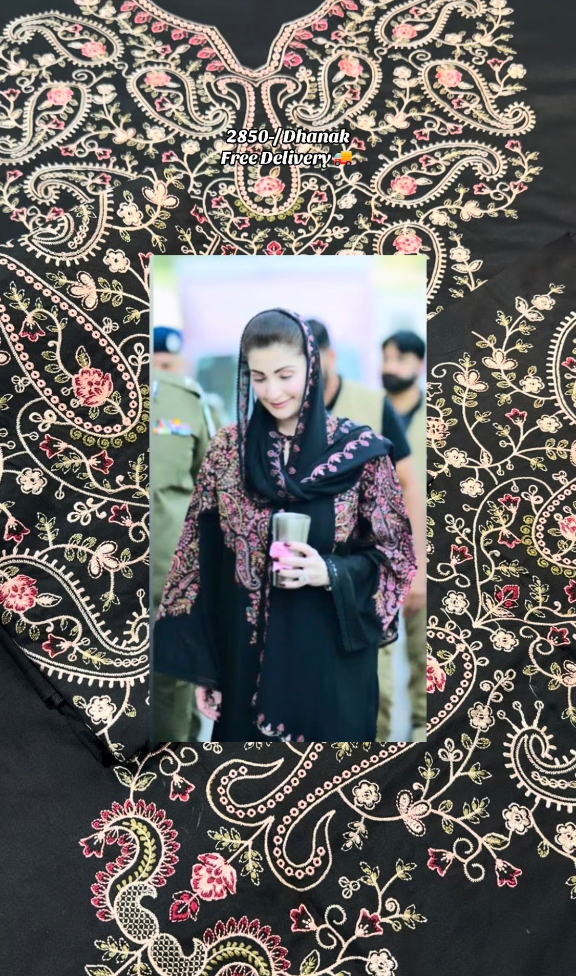 2pcs Balck Maryum Nawaz Neck Embroidered Dhanak